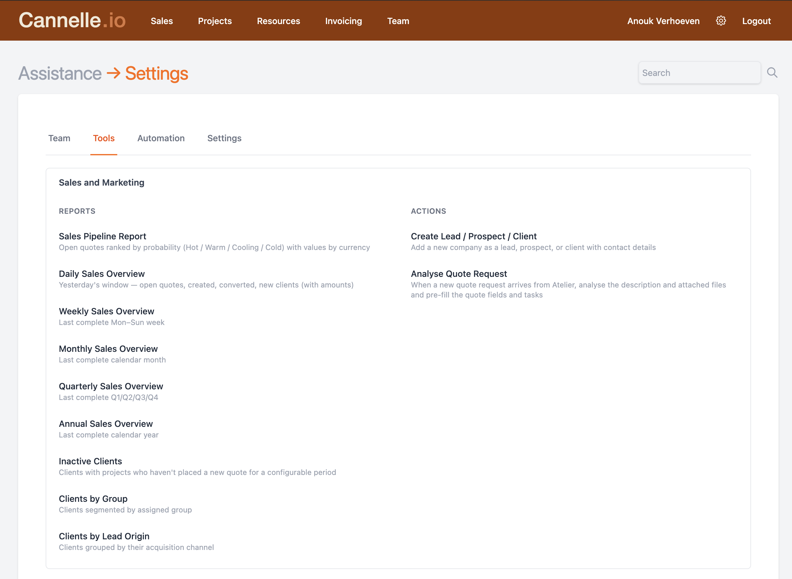 The Tools tab showing the Sales and Marketing domain with Reports and Actions