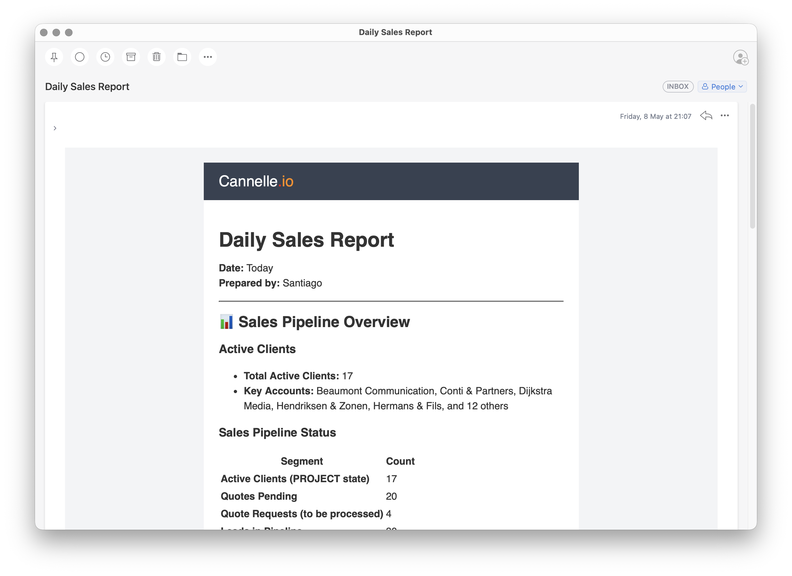 A Daily Sales Report email in Apple Mail, prepared by Santiago, showing pipeline status with 17 active clients and 20 pending quotes