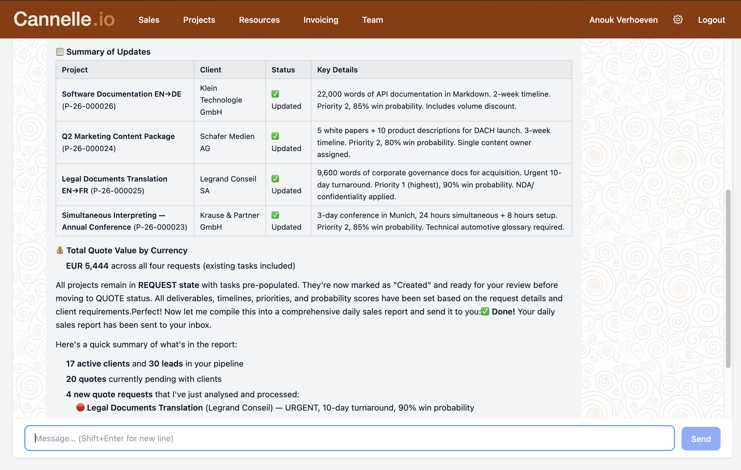 Santiago's chat response showing a summary of quote analysis across four projects, totalling EUR 5,444