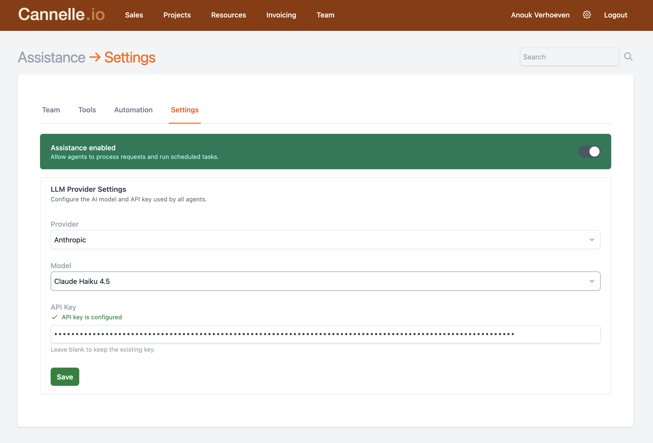 The Assistance Settings tab showing LLM Provider Settings with Anthropic selected and Claude Haiku 4.5 as the model