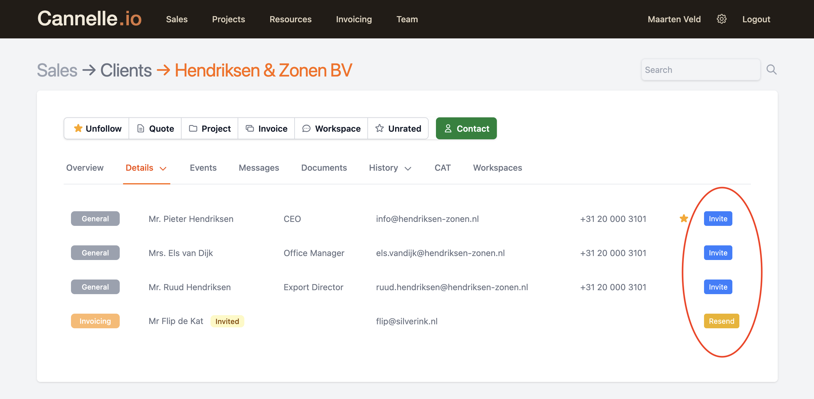 The Cannelle client details tab showing Invite buttons next to each contact