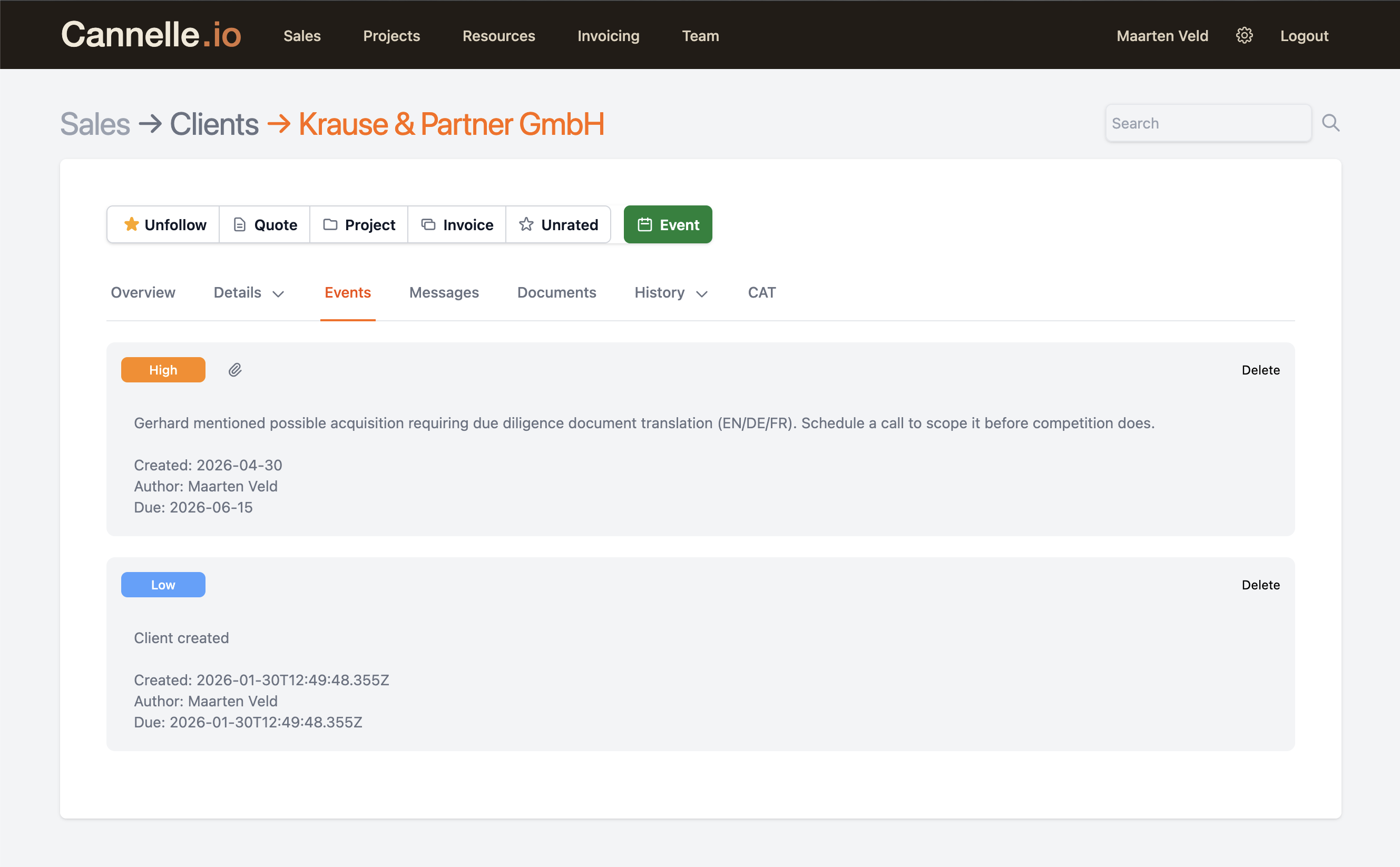 Client record — Events tab