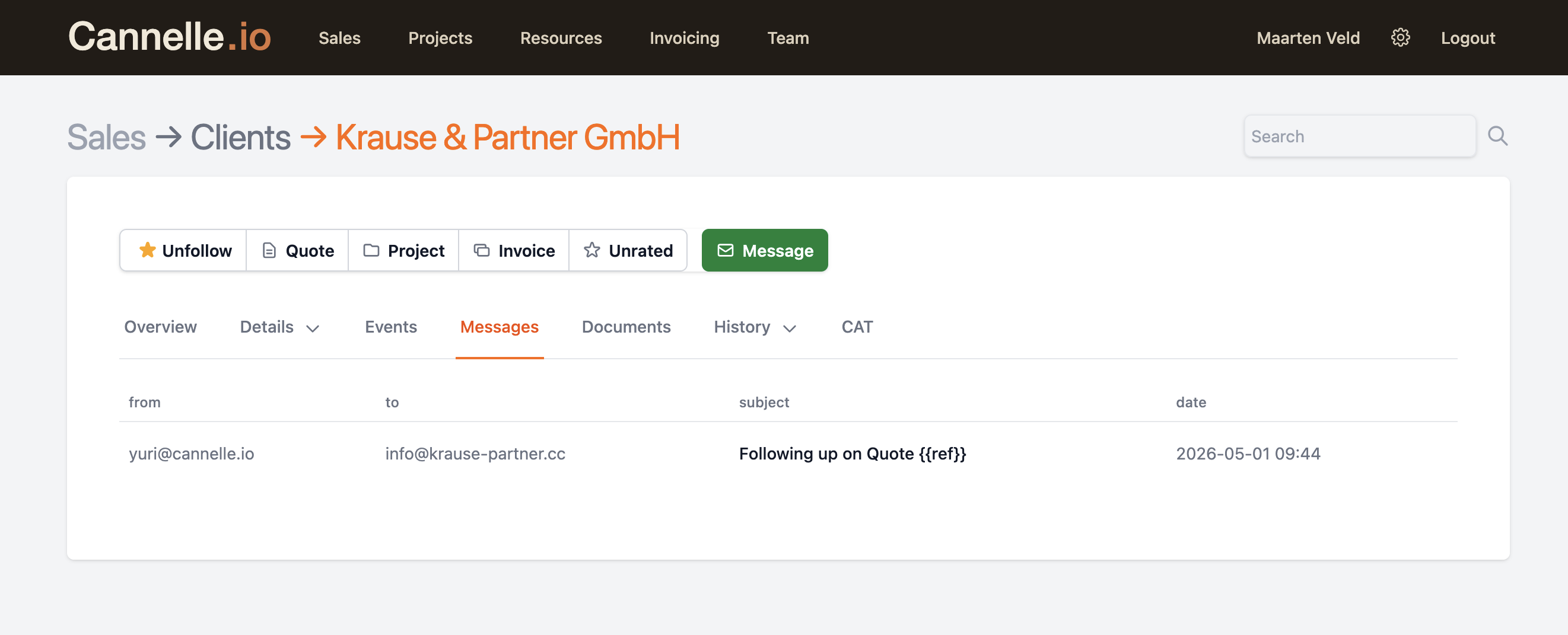 Client record — Messages tab
