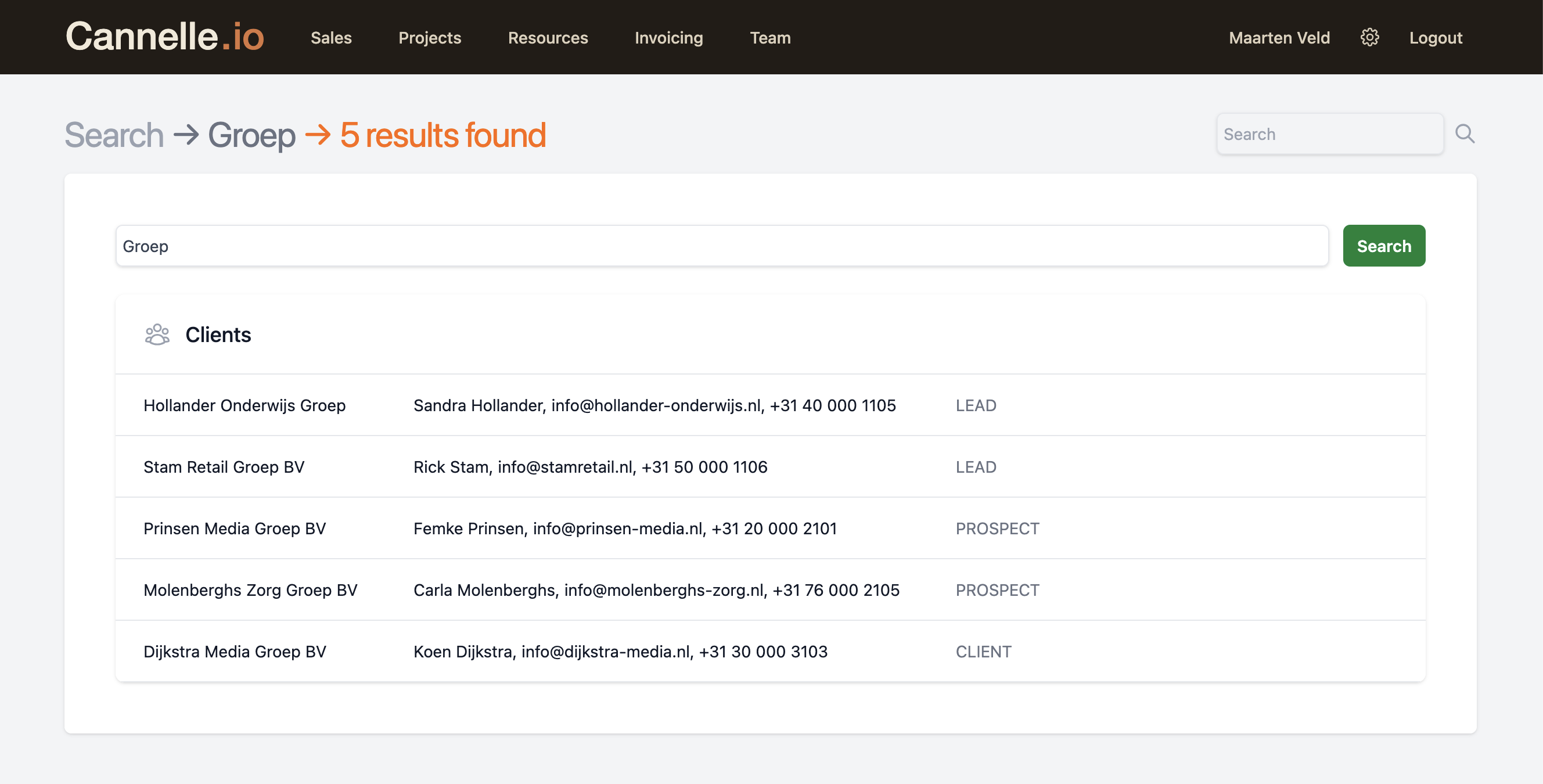 Global search bar returning client results