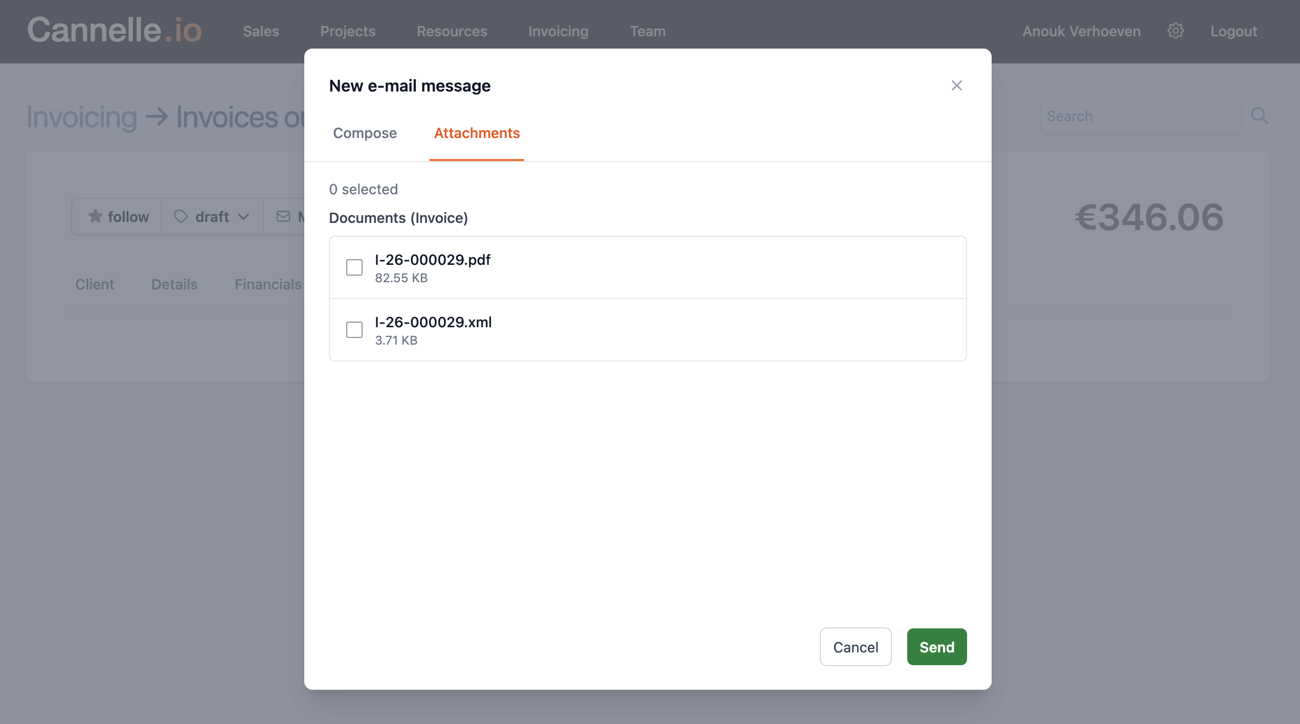 The new email message dialog showing both the PDF and XML available to attach
