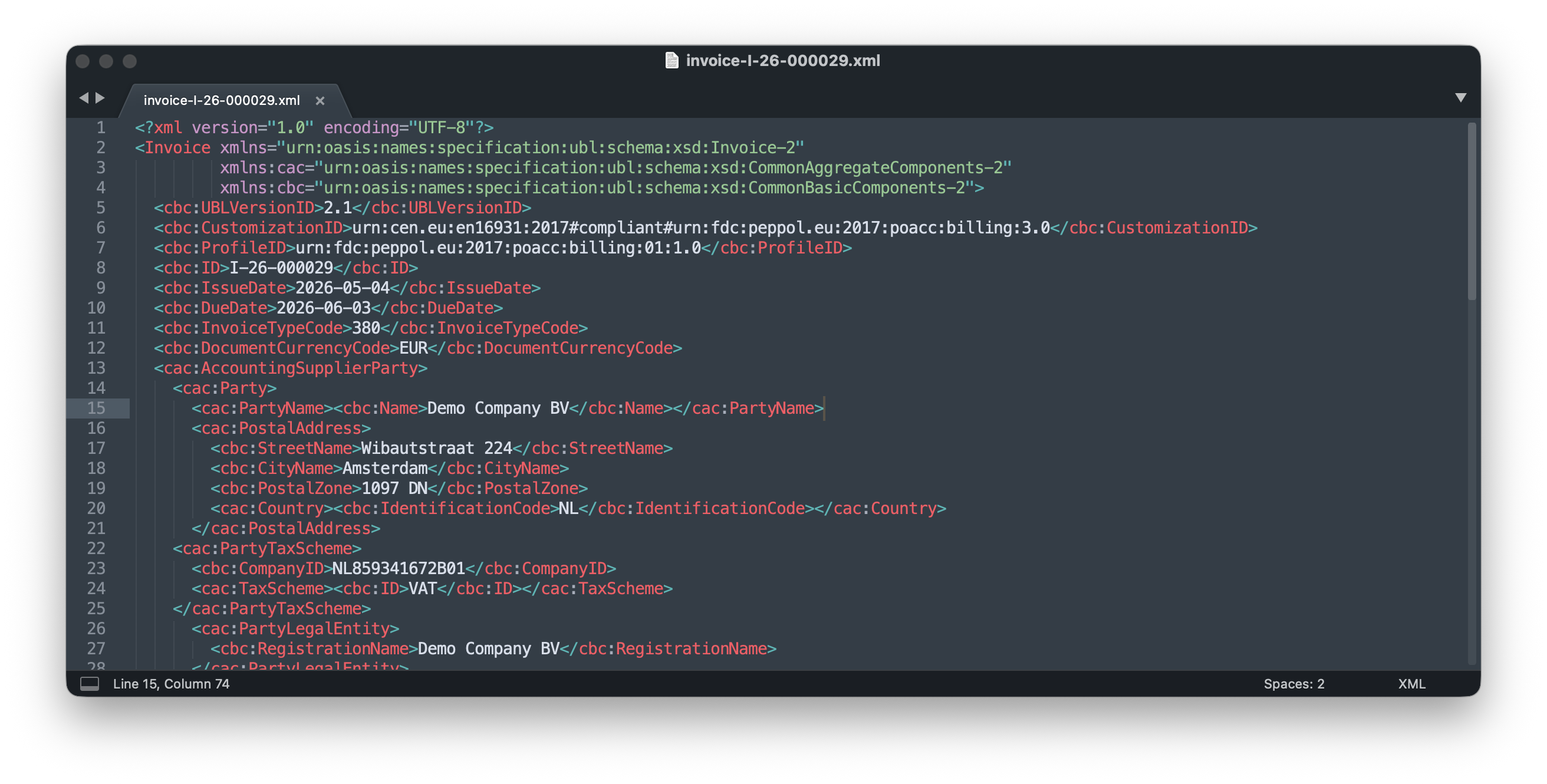 A UBL 2.1 XML invoice file open in a code editor