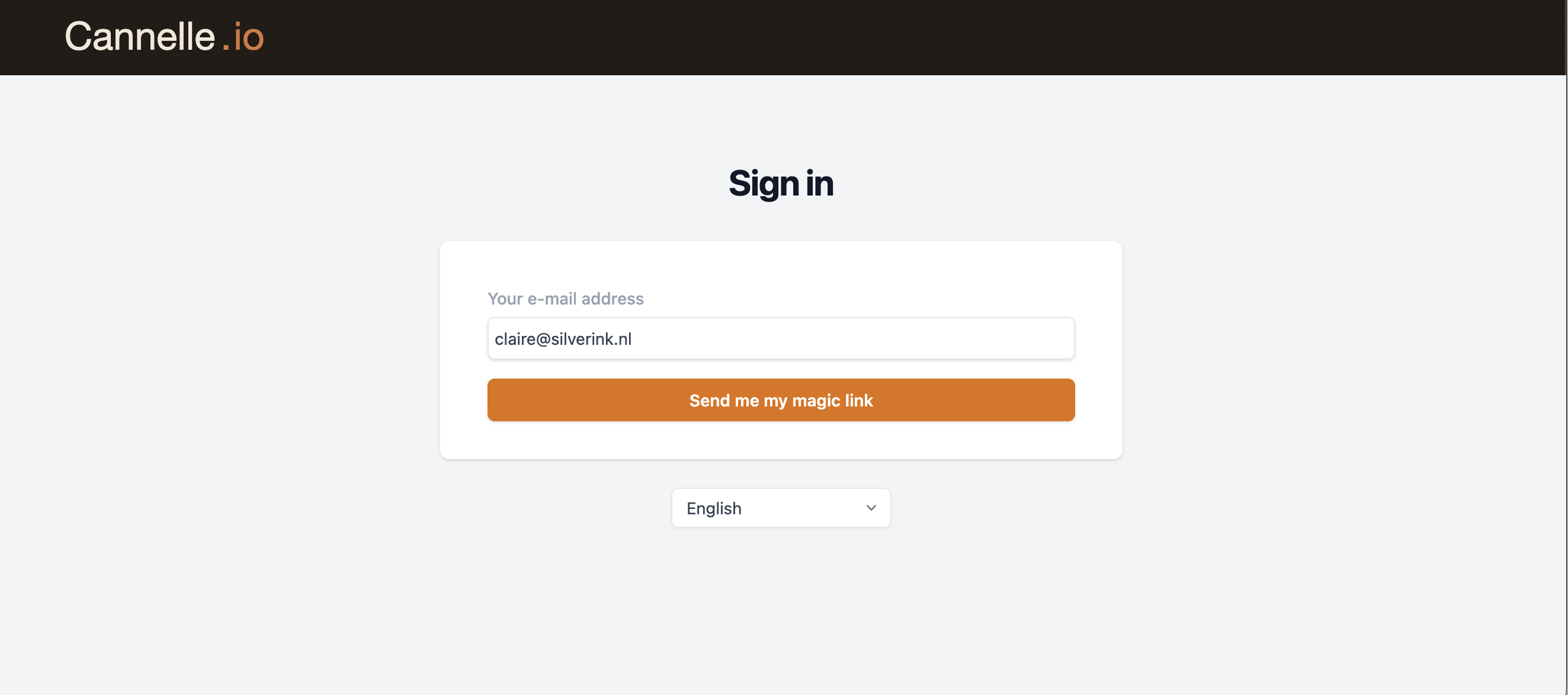 The Cannelle login page showing an email field and a 'Send me my magic link' button