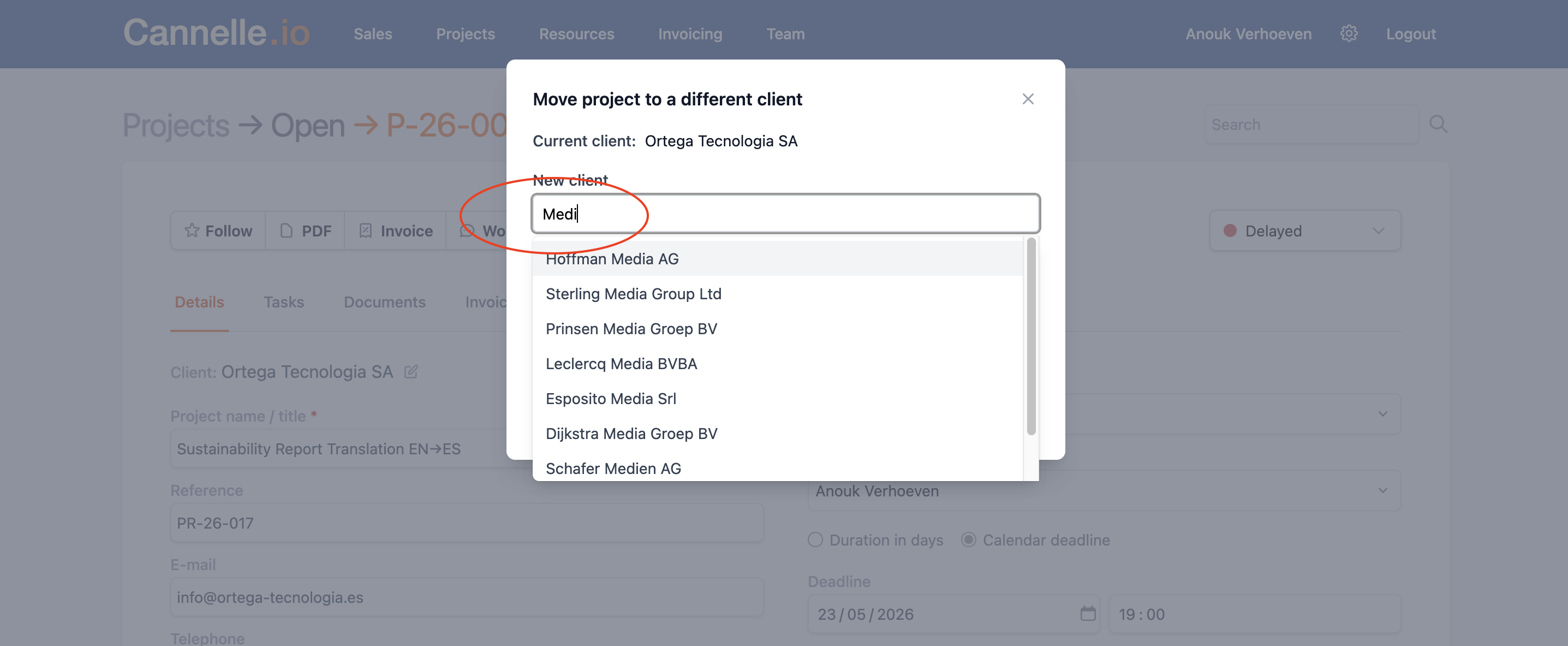The Move project to a different client dialog with a search field and a list of matching clients