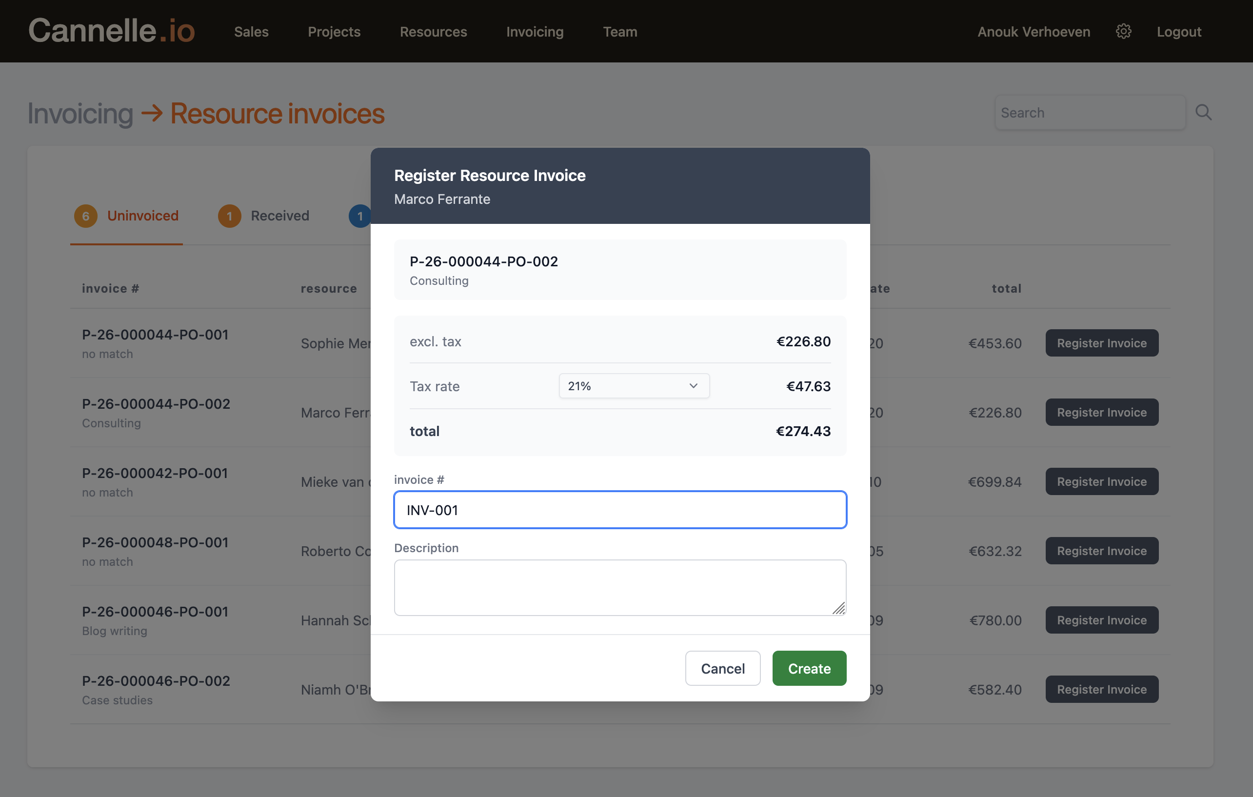 The Register Resource Invoice modal showing amount, tax rate, and invoice number fields