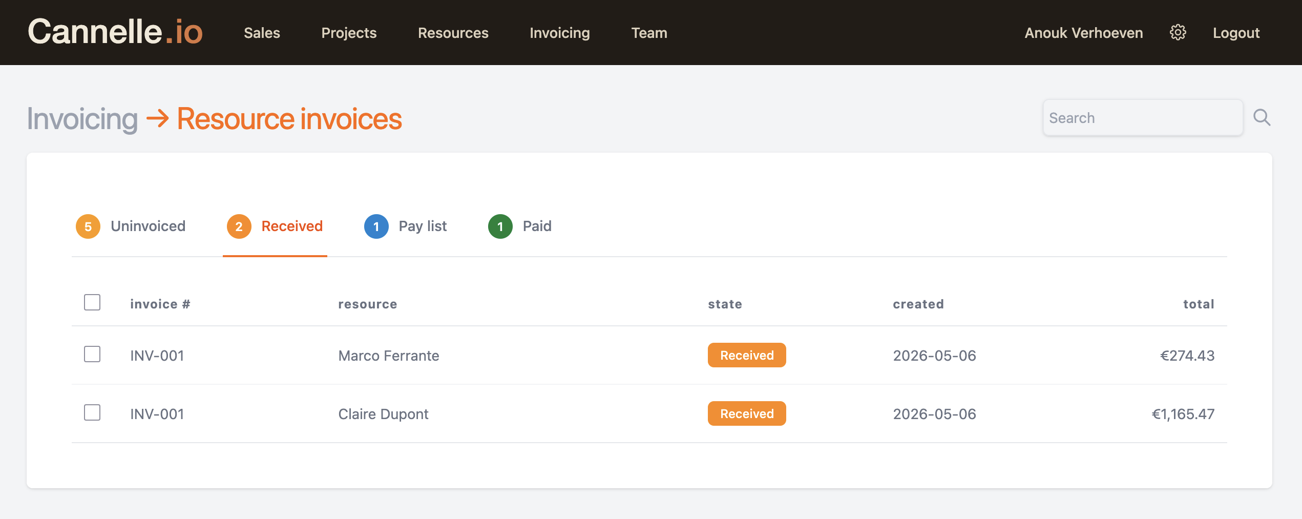 The Received tab showing two resource invoices
