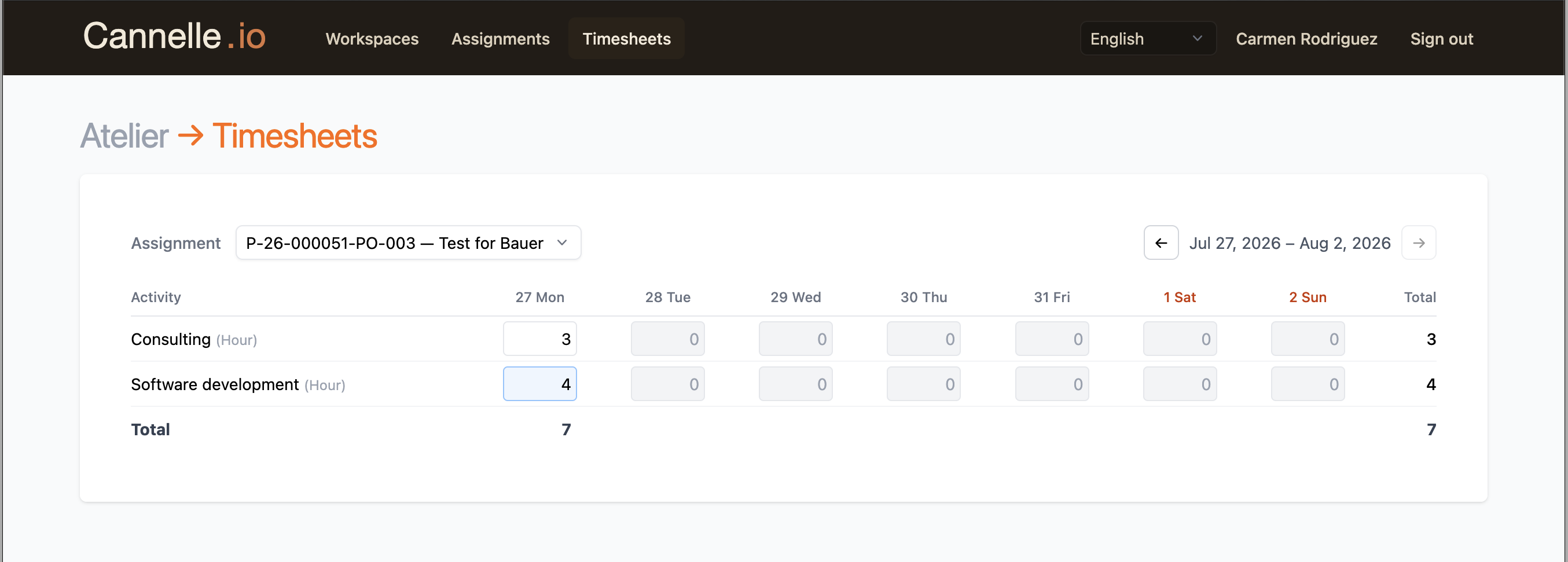 The Atelier Timesheets screen showing an assignment dropdown and a weekly grid where future days are locked