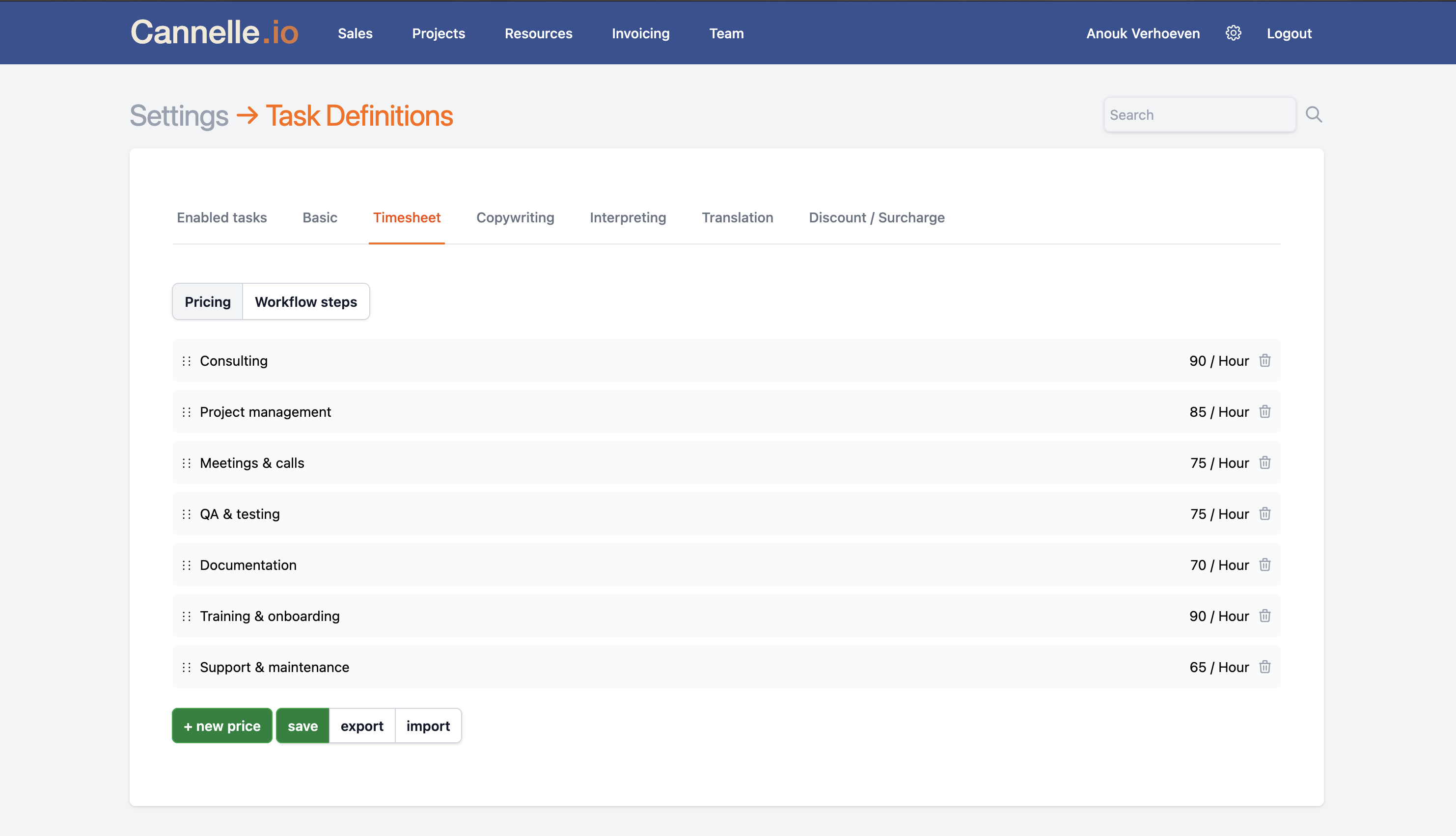 The Timesheet Pricing sub-tab showing default billable activities priced per hour, with new price, save, export and import buttons