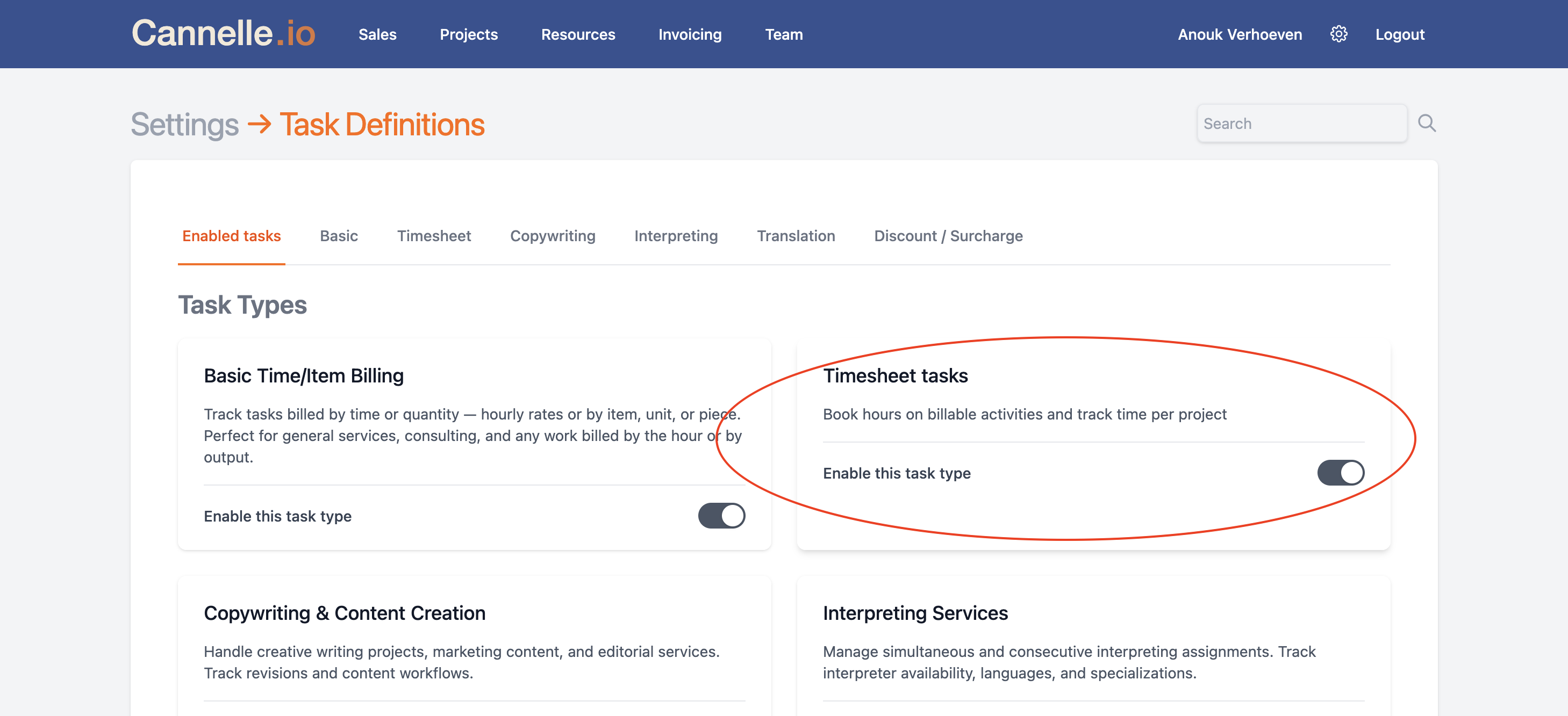 The Task Definitions settings screen with the Timesheet tasks card and its enable toggle highlighted